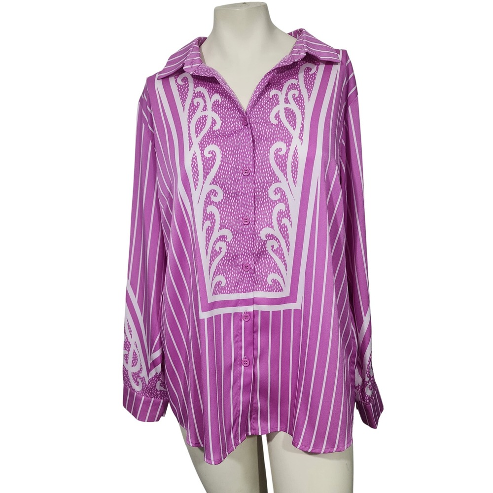 Bob‎ Mackie Wearable Art Blouse Pink White bold Button Front Top Large western